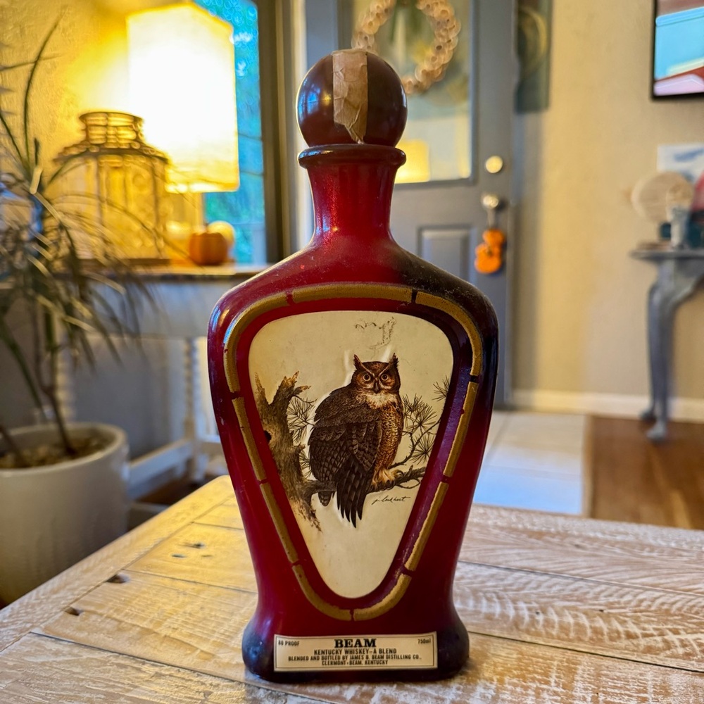 Vintage 1981 🦉 Jim Beam Horned Owl Decanter Whiskey Glass 🥃 Collectible Bottle